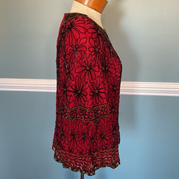 VTG Adrianna Papell Evening Essentials Beaded Top Size XL Floral Red Black Silk - Picture 5 of 11
